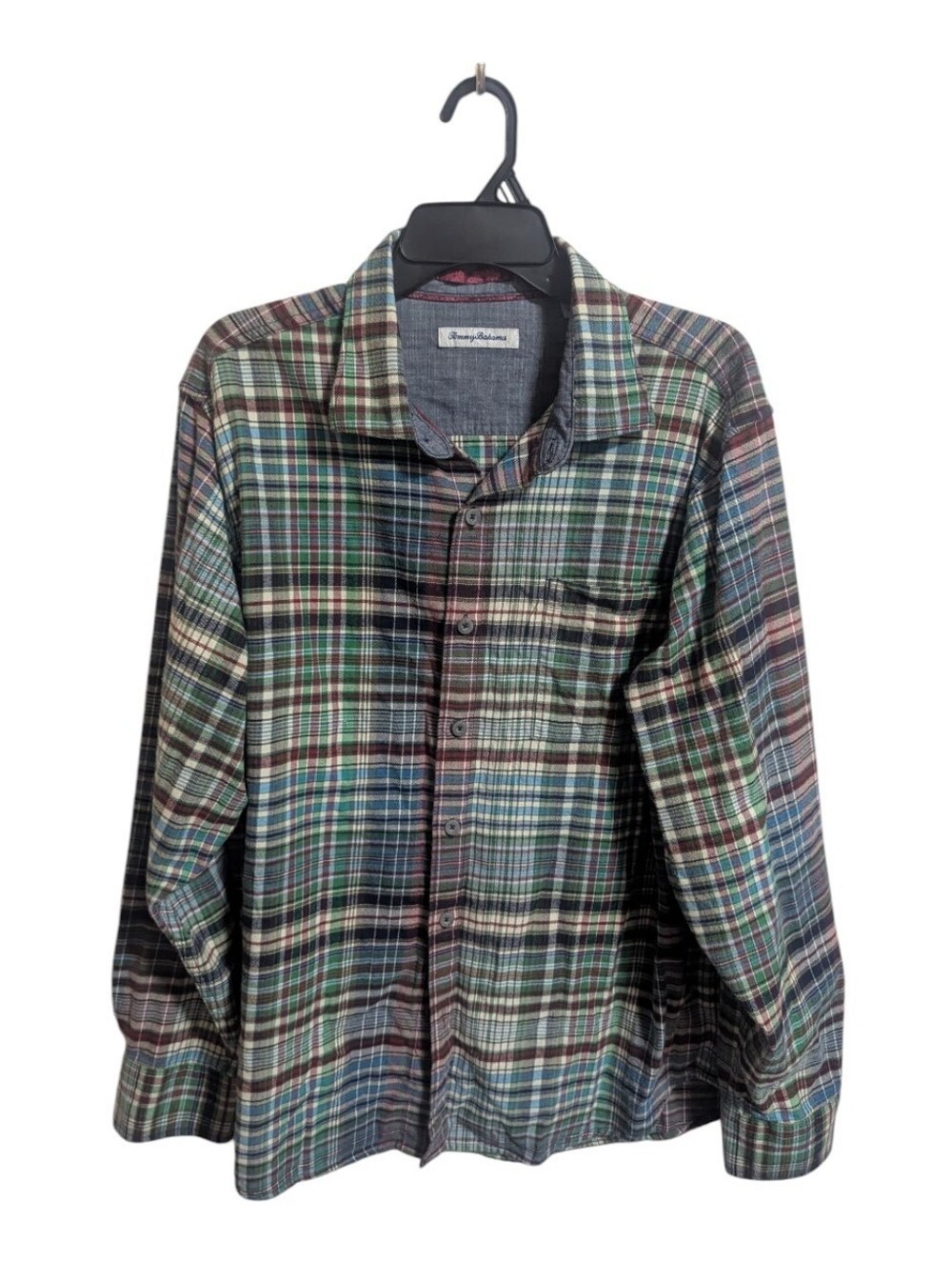 Tommy Bahama Flannel Shirt Sz Large Long Sleeve Button Down Plaid Green